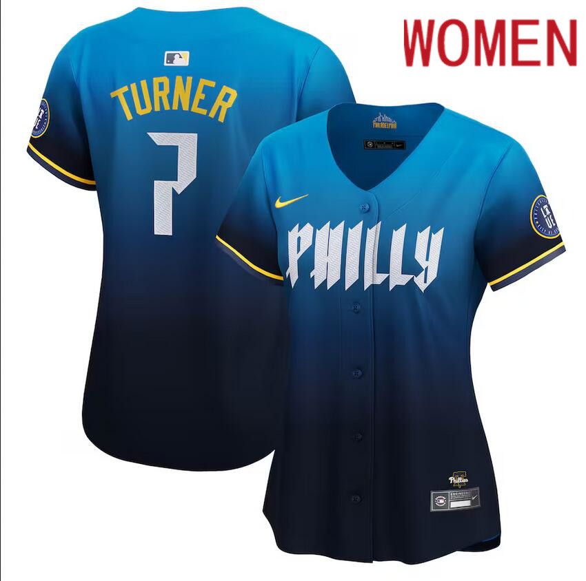 Women Philadelphia Phillies 7 Trea Turner Nike Blue 2024 City Connect Limited Player Jersey